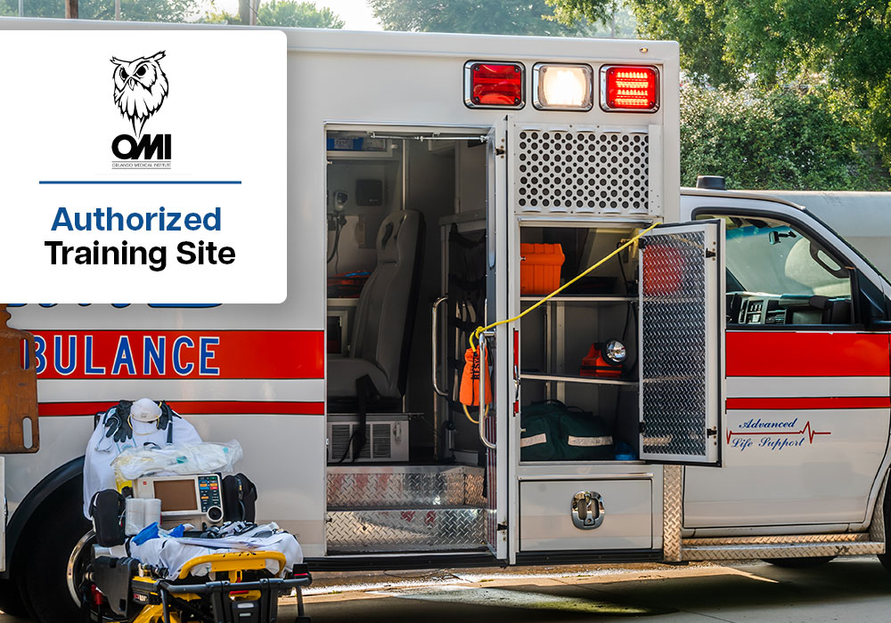 Ambulance equipped with paramedic tools used for academic training.