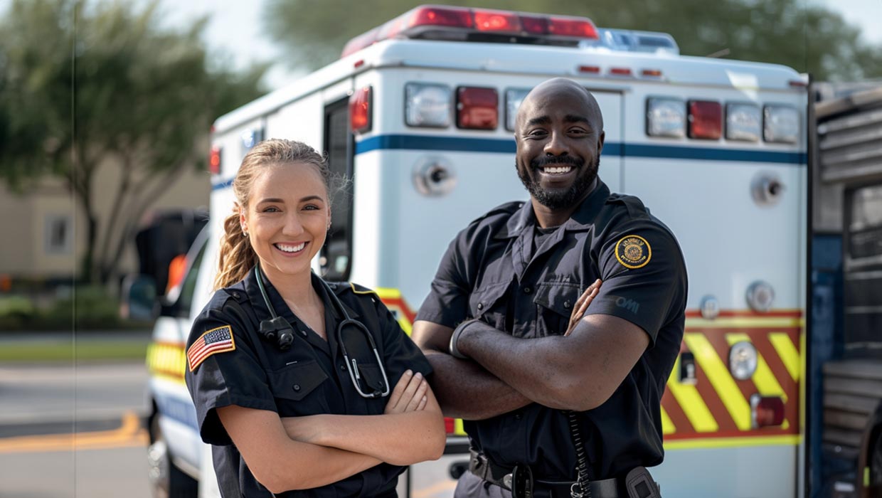 A pair of paramedics ready for emergency response, prepared for action.